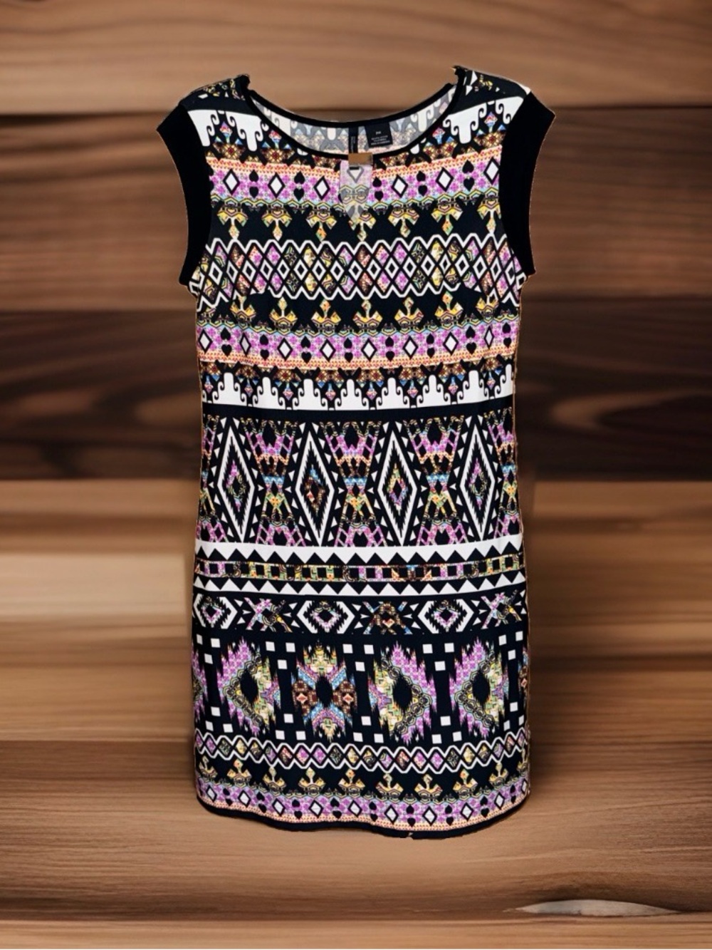 new directions Black Sleeveless Geometric Midi Dress w/Pink & Gold Accents-PM-EC